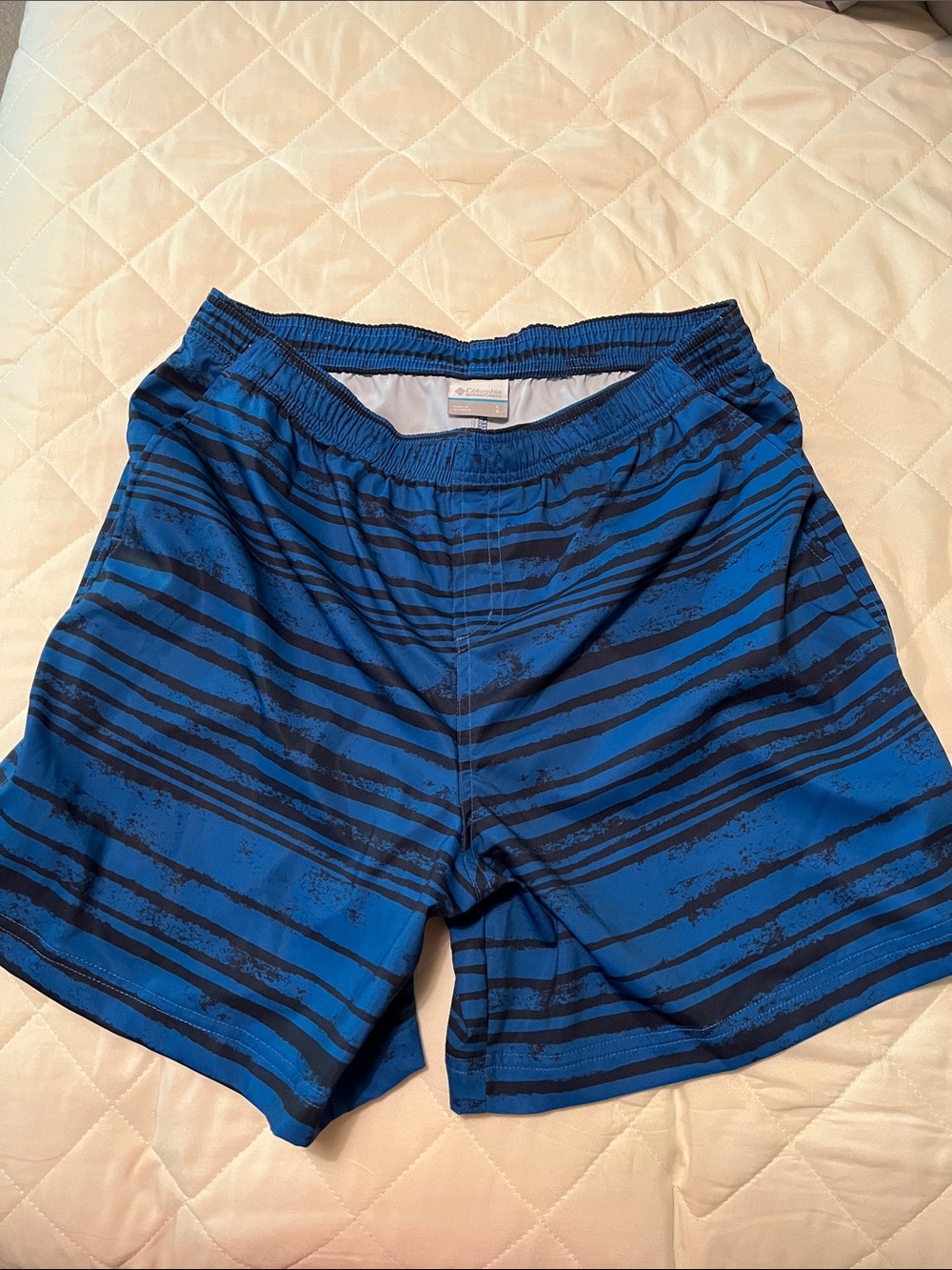 Columbia Blue and Black Striped Swim Trunks